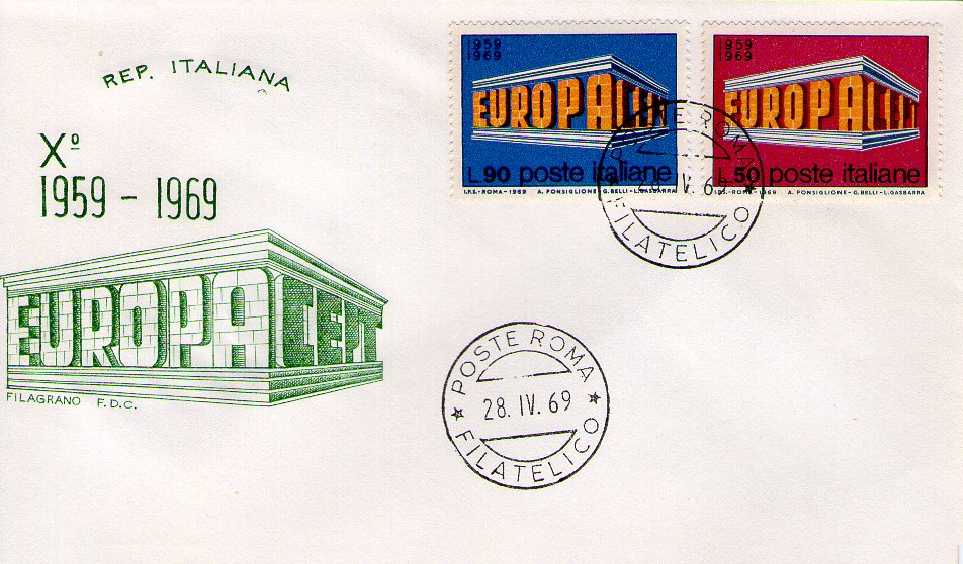 IT1109 - 28/04/1969 - 2v - Europa CEPT- 14 emissione - Colonnato formato dalle parole 