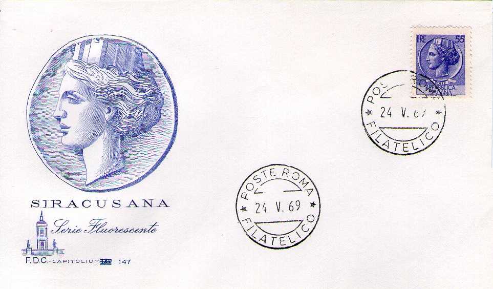 IT1077 - 24/05/1969 - 1v -  Siracusana fluorescente - Serie Turrita - Ordinaria  55