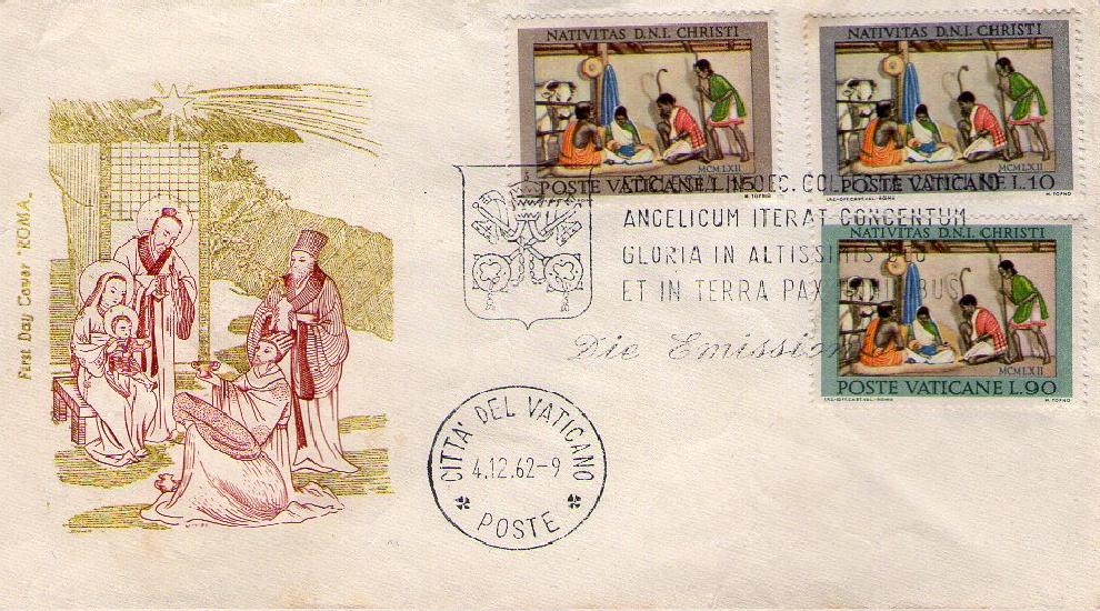 SCV 1962 - 353 S92 Serie completa 3 val. - Natale 4� emissione - Nativit� disegno di Marcus Topno