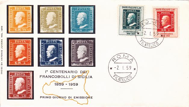 IT0851 - 02/01/1959 - 2v - Centenario dei francobolli del regno di Sicilia