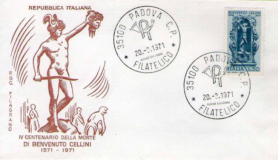 IT1143 - 20/03/1971 - 1v - 4 Centenario della morte di Benvenuto Cellini - Loggia dei Lanzi col Mercurio  50