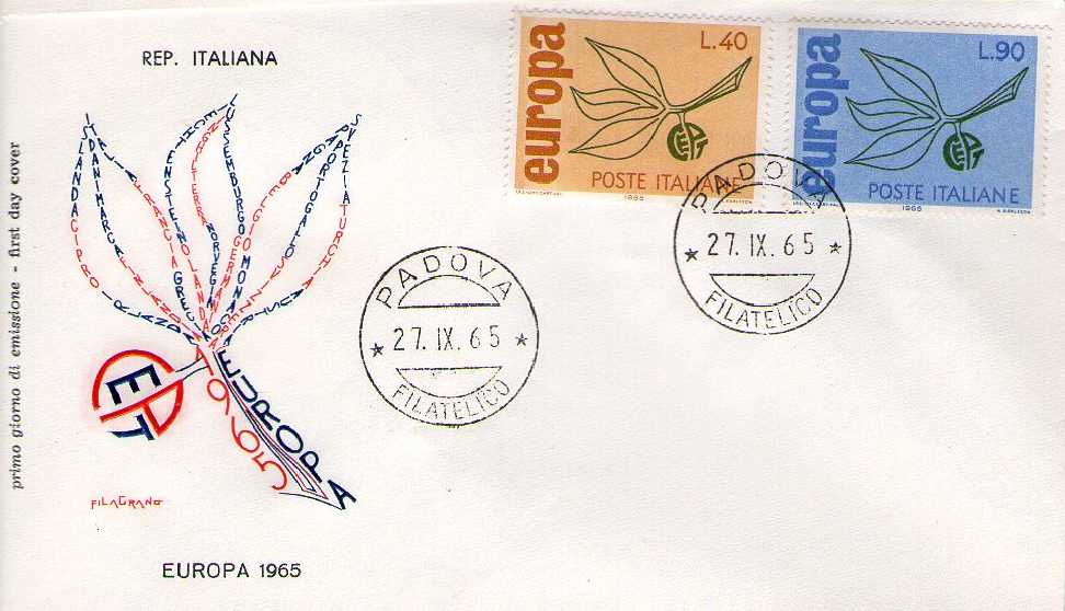 IT1002 - 27/09/1965 - 2v - Europa C.E.P.T. - 10 emissione - Ramo con tre foglie e lettere C.E.P.T.