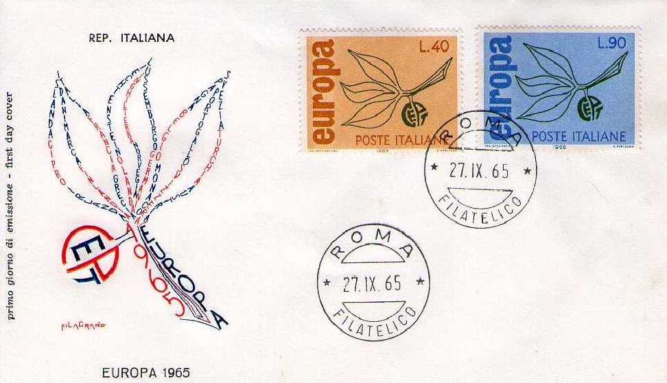 IT1002 - 27/09/1965 - 2v - Europa C.E.P.T. - 10 emissione - Ramo con tre foglie e lettere C.E.P.T.