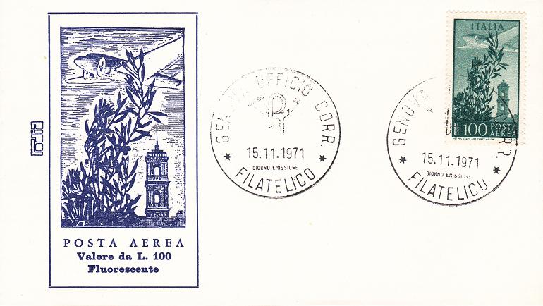 ITA159 - 15/11/1971 - 1v - Posta Aerea Torre del Campidoglio - Ulivo, aeroplano e torre del Campidoglio -  100