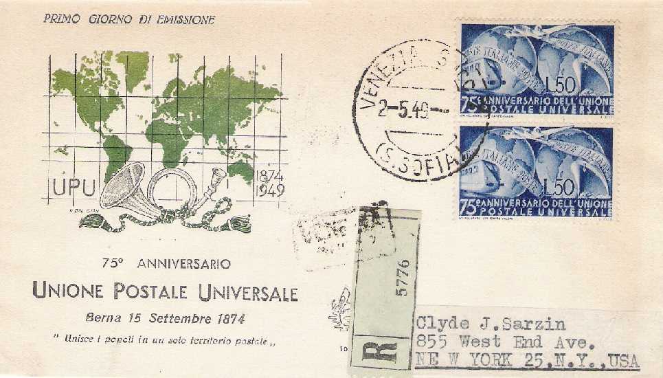 IT0599 - 02/05/1949 - 1v - 75 anniversario dellU.P.U. - Mezzi di trasporto e due emisferi 50 .