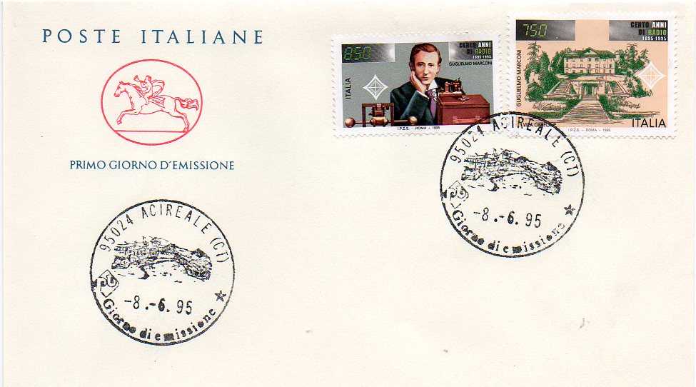 IT2205 - 08/06/1995 - 2v - Centenario della radio - 5 emiss.: Villa Griffone e Ritratto di Guglielmo Marconi 