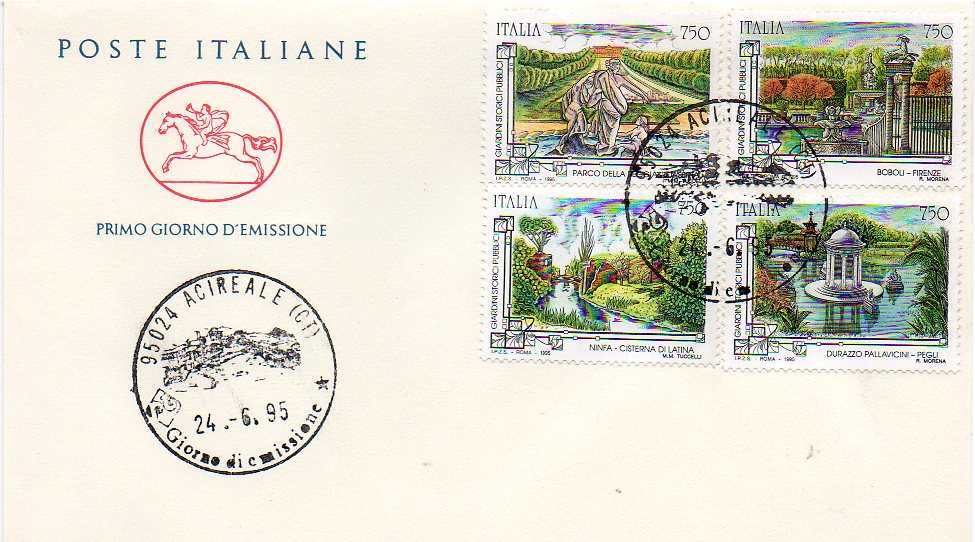 IT2209 - 24/06/1995 - 4v - Patrimonio Artistico e Culturale italiano 18 emiss.: Giardini storici pubblici - Boboli ; Durazzo Pallavicini ; Ninfa ; reggia di Caserta