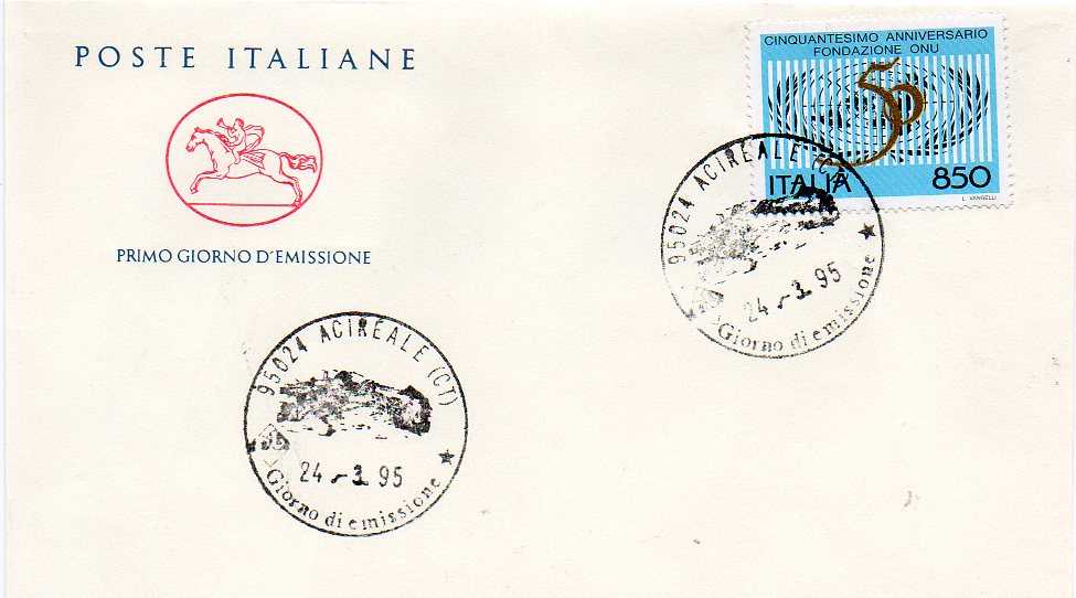 IT2179 - 24/03/1995 - 1v - 50 anniversario della fondazione dellO.N.U. - Simbolo dellONU