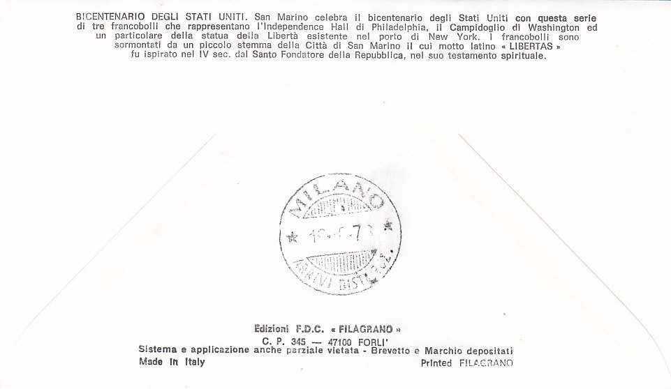 RSM 1976 - 963 S184 Serie cpl. 3 val. - Bicentenario degli Stati Uniti