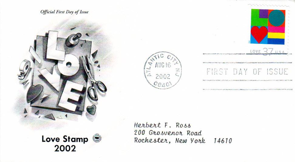 US3657 - A2828 - 16/08/2002 - 1v - 37c Love - Atlantic City, NJ: 08401